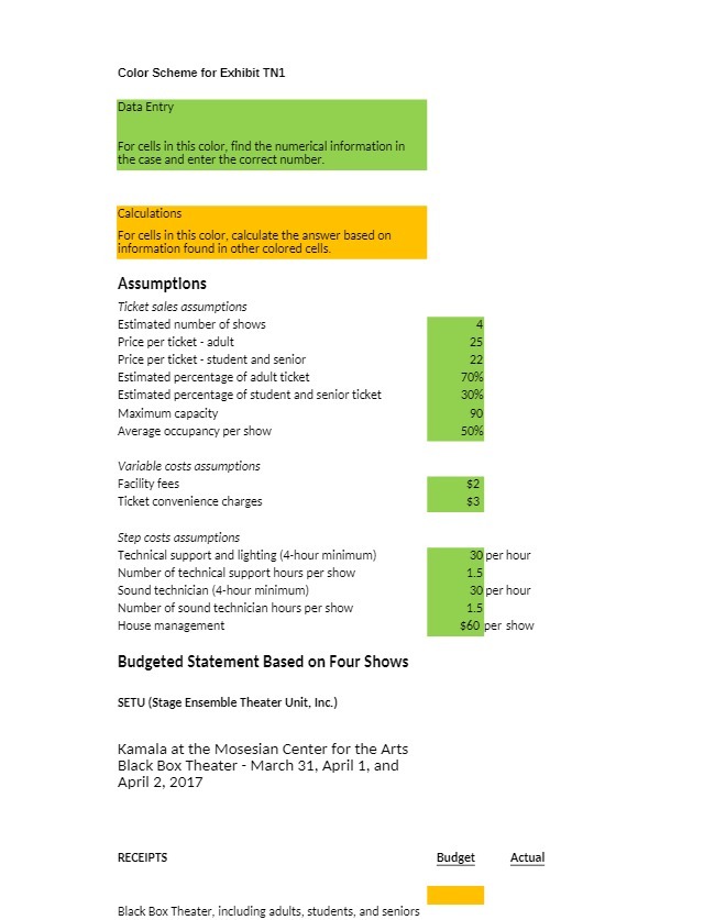 Color Scheme for Exhibit TN1 Data Entry For cells