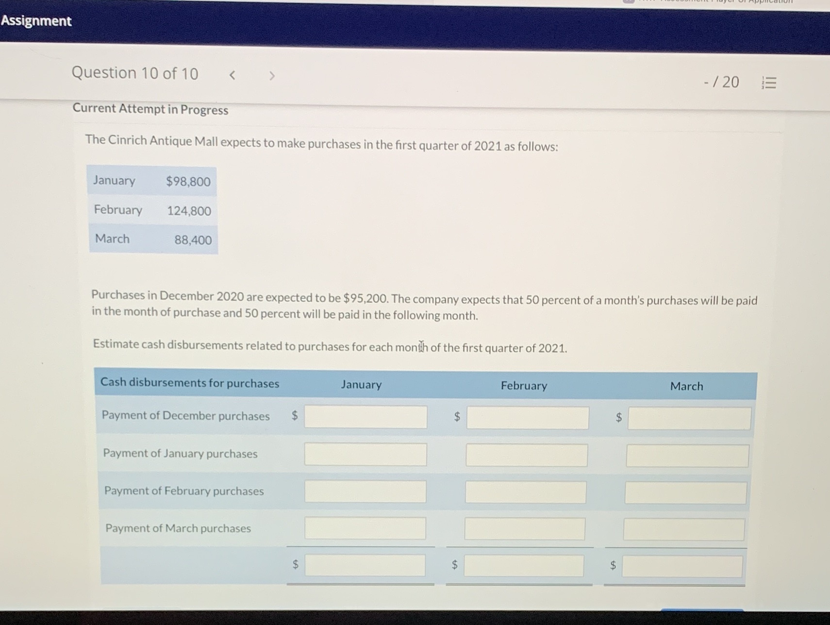 Assignment Question 10 of 10 < > - / 20 Current