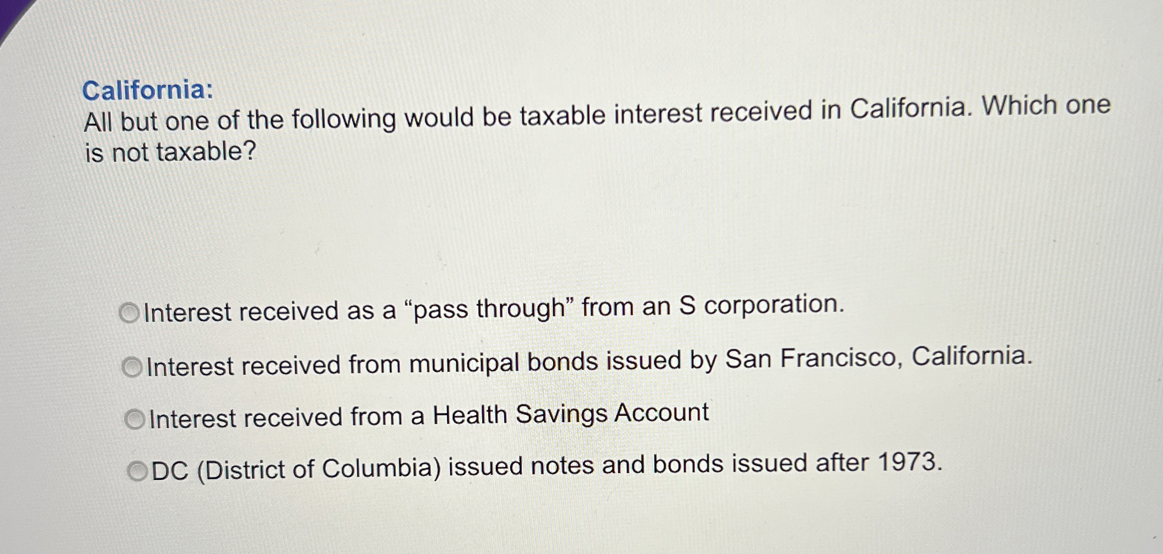 California: All but one of the following would be