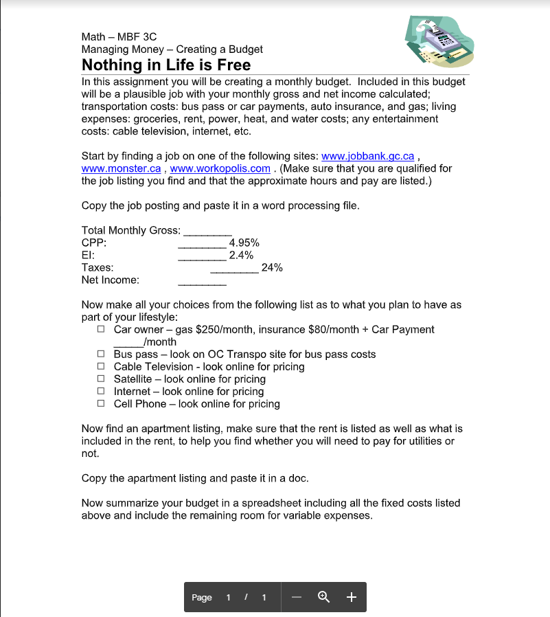 Math - MBF 3C Managing Money - Creating a Budget