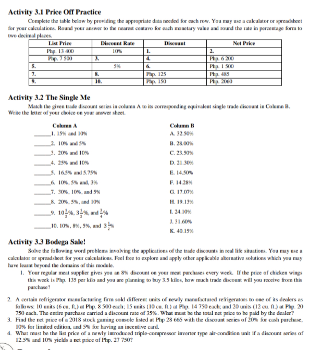 Activity 3.1 Price Off Practice Complete the