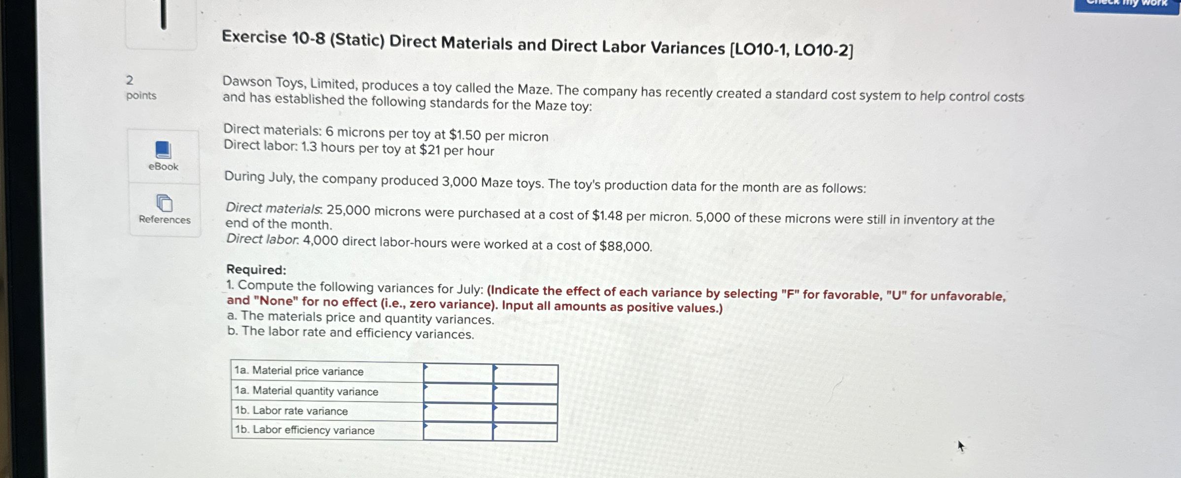 Exercise 1 0 - 8 ( Static ) Direct Materials and