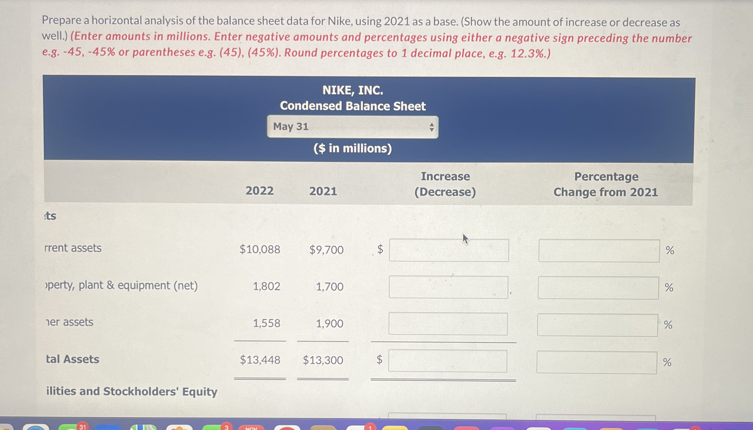 Prepare a horizontal analysis of the balance