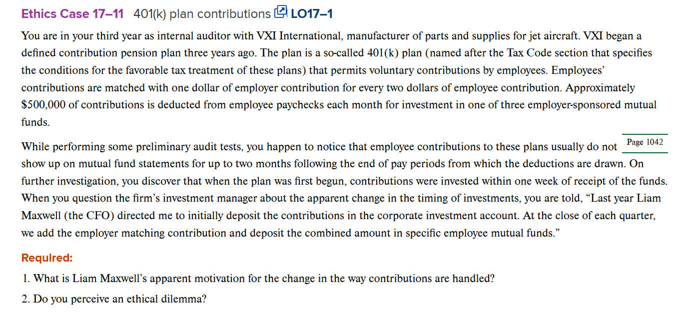 Ethics Case 1 7 - 1 1 4 0 1 ( k ) plan