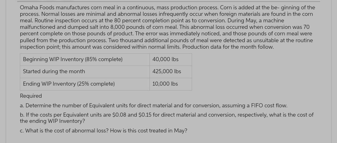 Omaha Foods manufactures corn meal in a