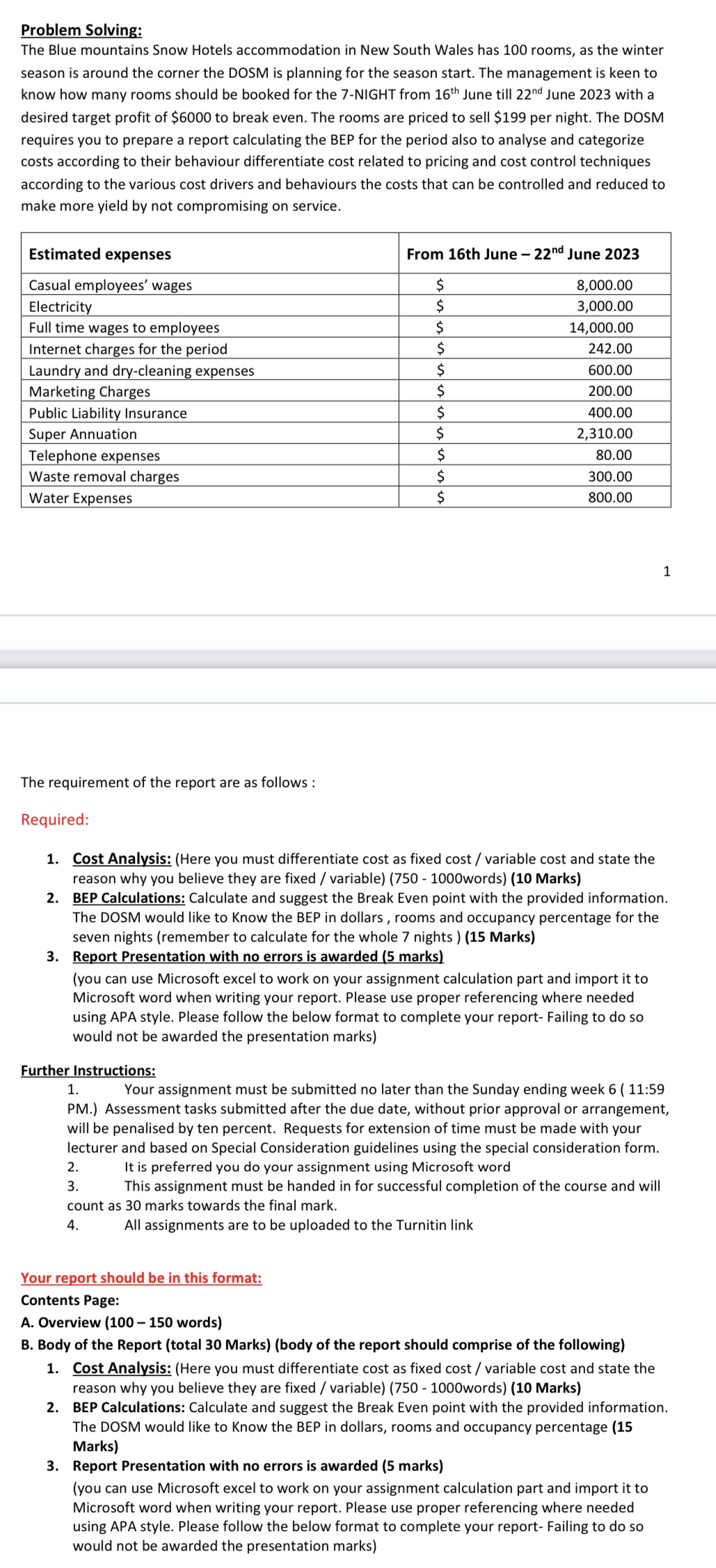 Problem Solving: The Blue mountains Snow Hotels