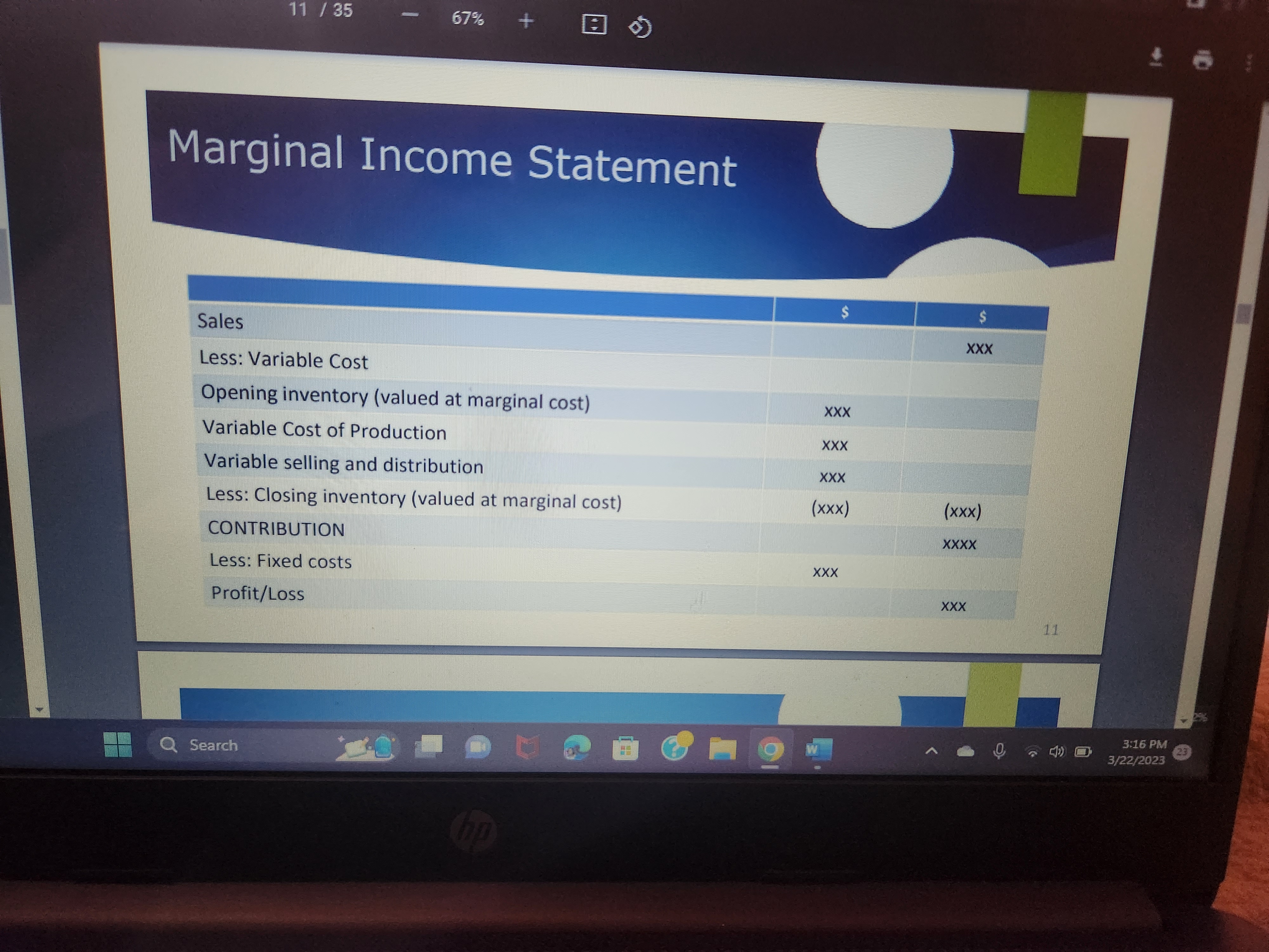 11 / 35 67% Marginal Income Statement $ $ Sales