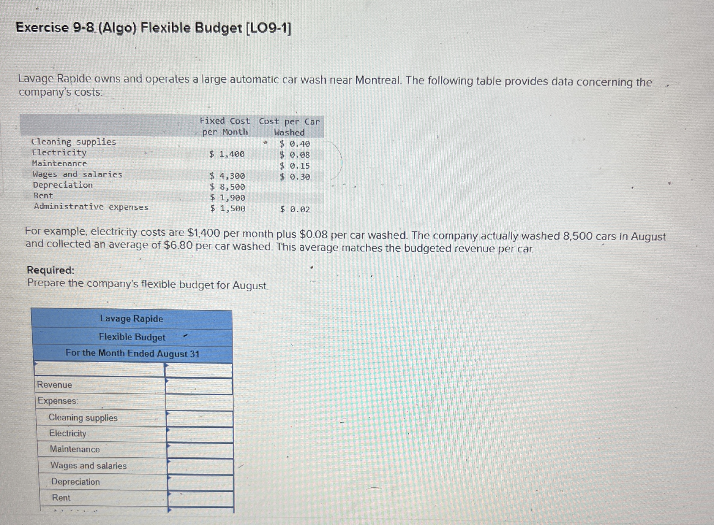Exercise 9 - 8 ( Algo ) Flexible Budget [ LO 9 -