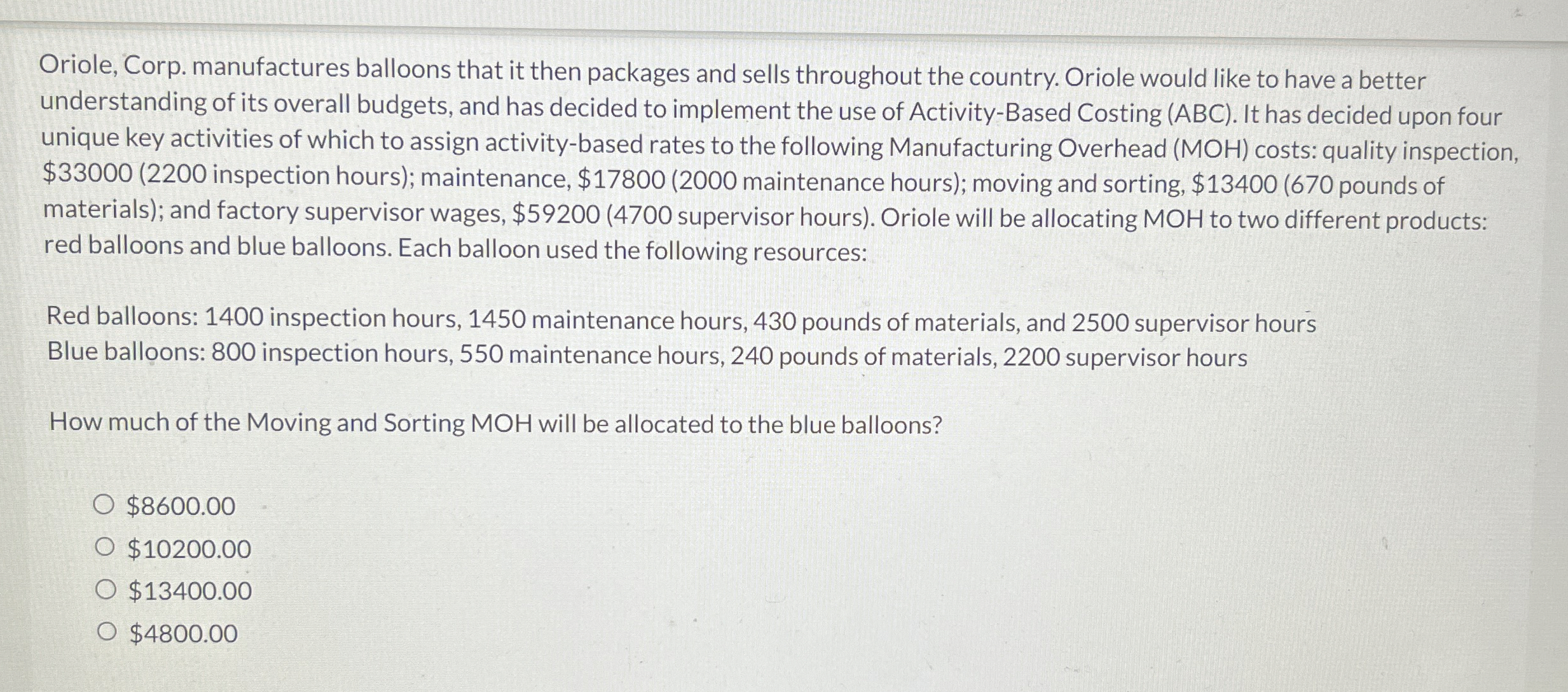 Oriole, Corp. manufactures balloons that it then