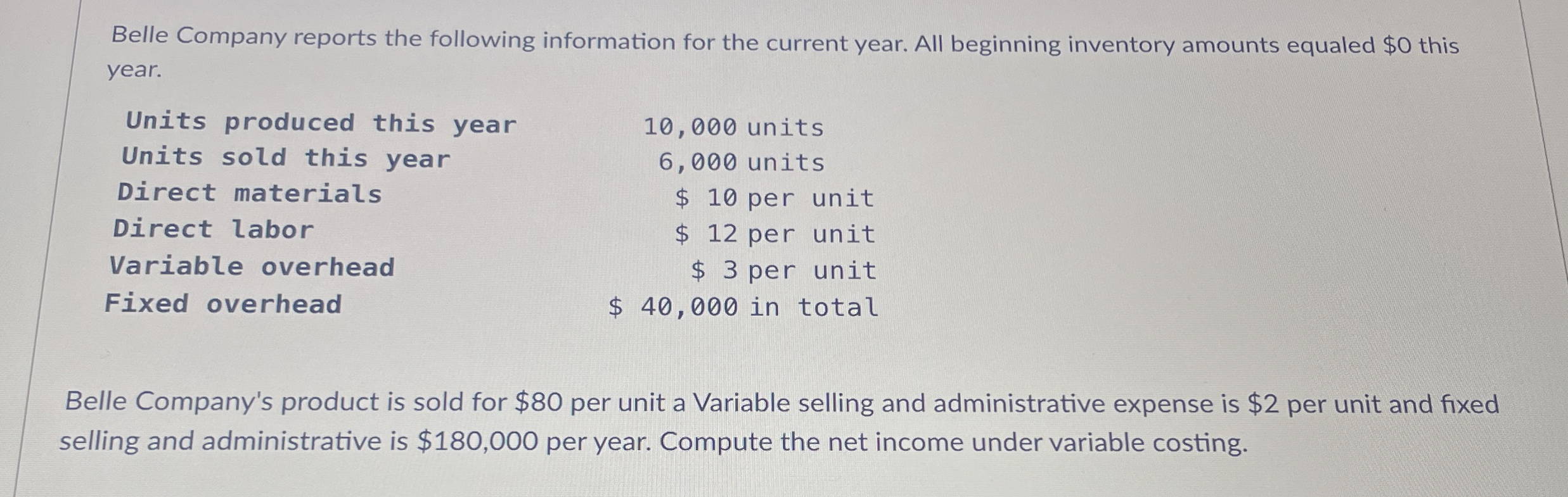 Belle Company reports the following information