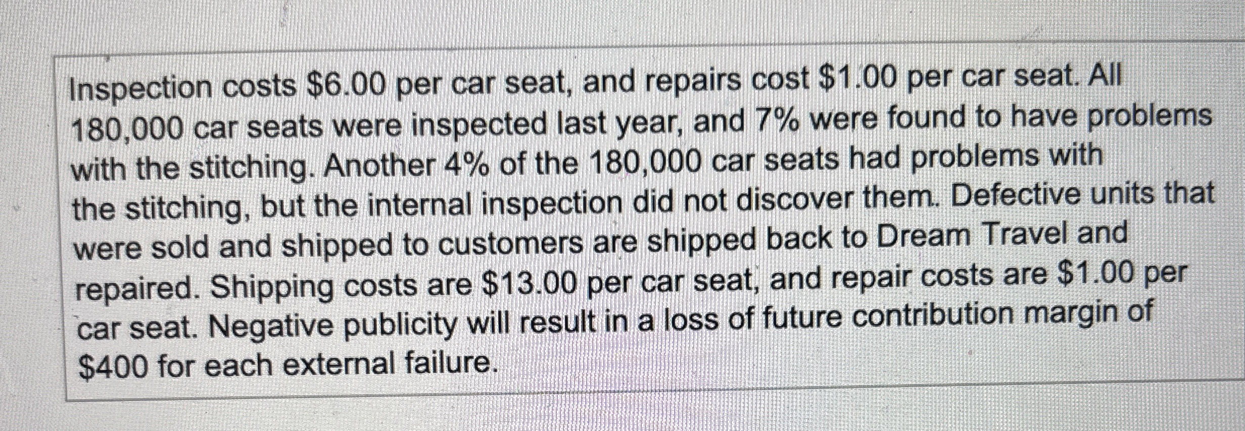 Inspection costs $ 6 . 0 0 per car seat, and