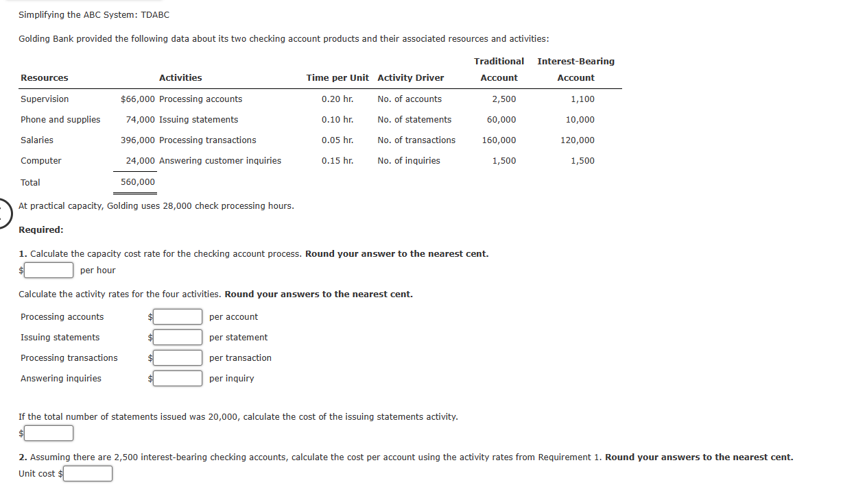Simplifying the ABC System: TDABC Golding Bank
