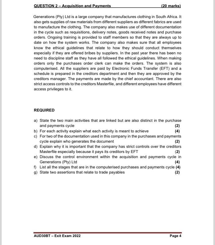 QUESTION 2 - Acquisition and Payments ( 2 0 marks
