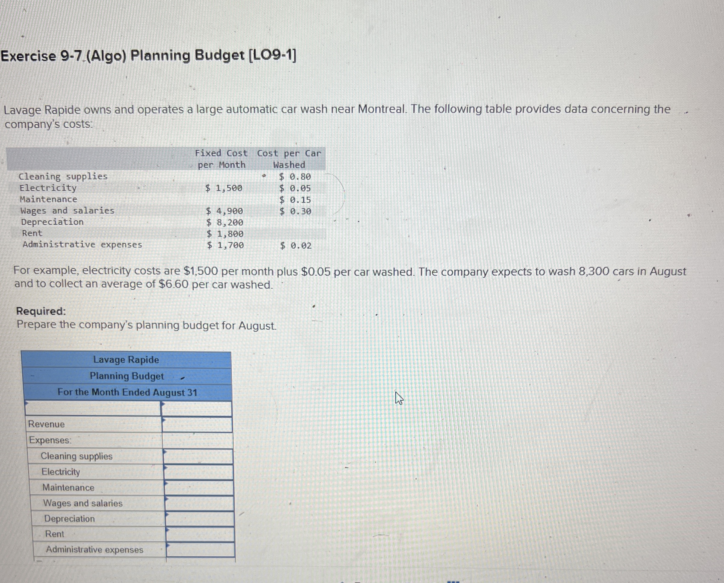 Exercise 9 - 7 . ( Algo ) Planning Budget [ LO 9