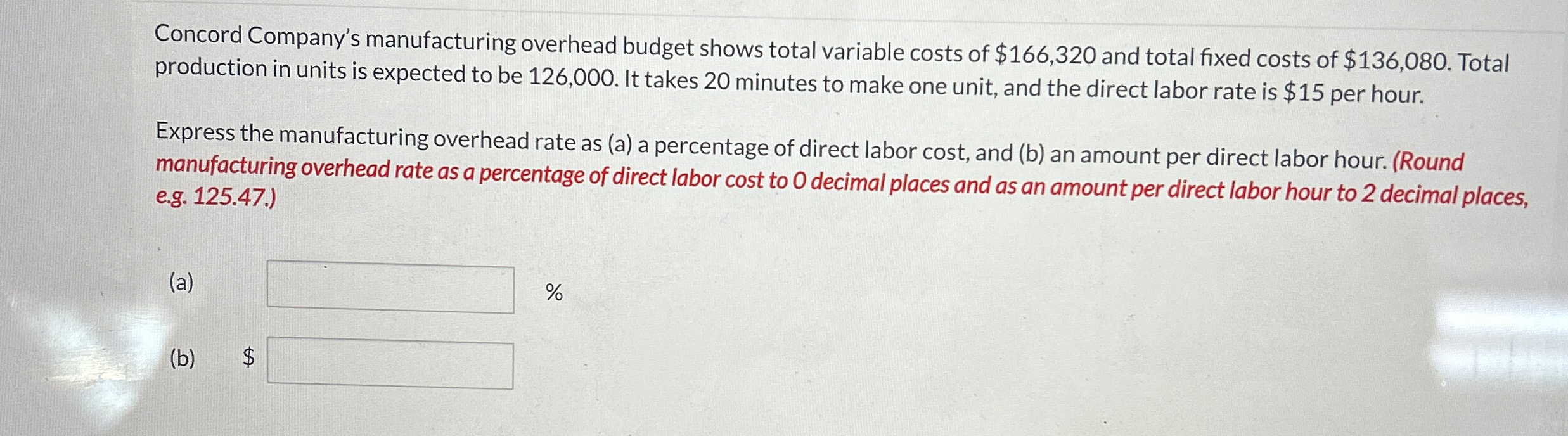 Concord Company's manufacturing overhead budget