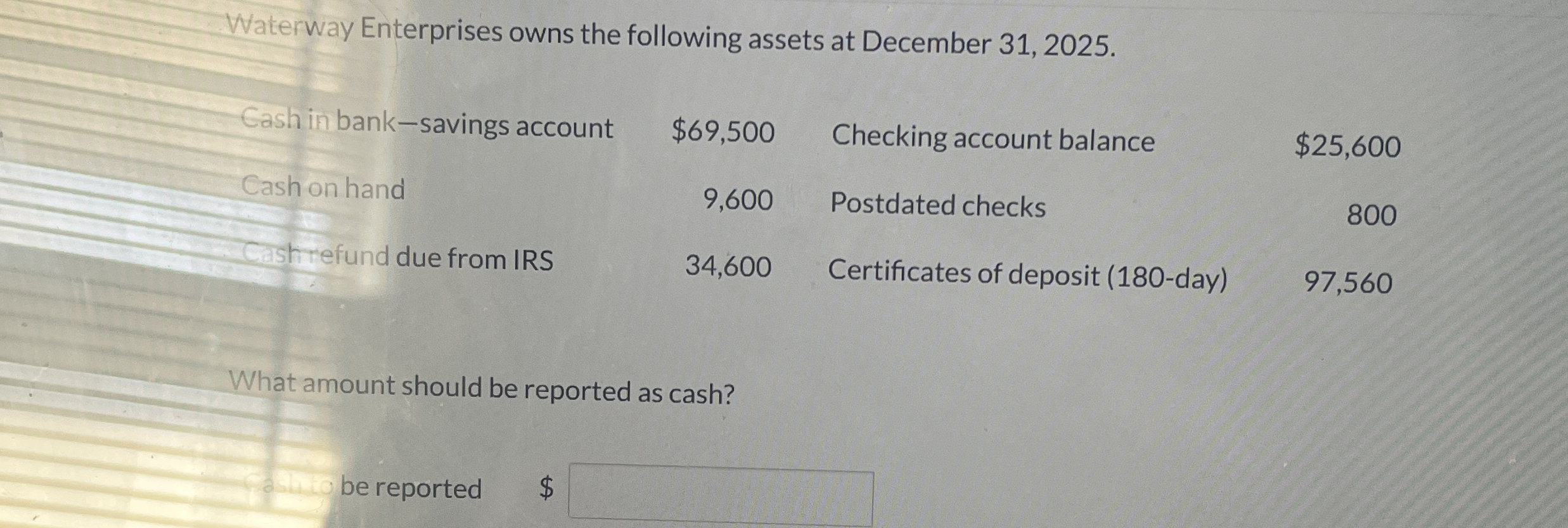 Waterway Enterprises owns the following assets at