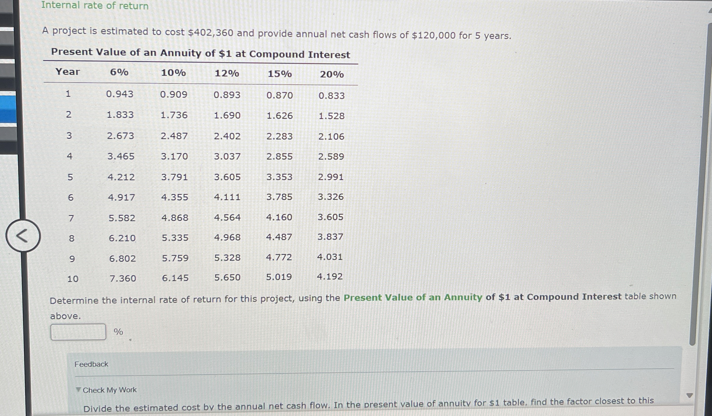 Internal rate of return A project is estimated to