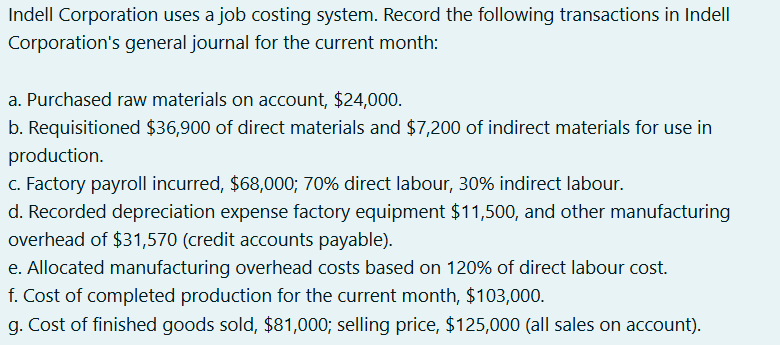 Show me how to solve Indell Corporation uses a