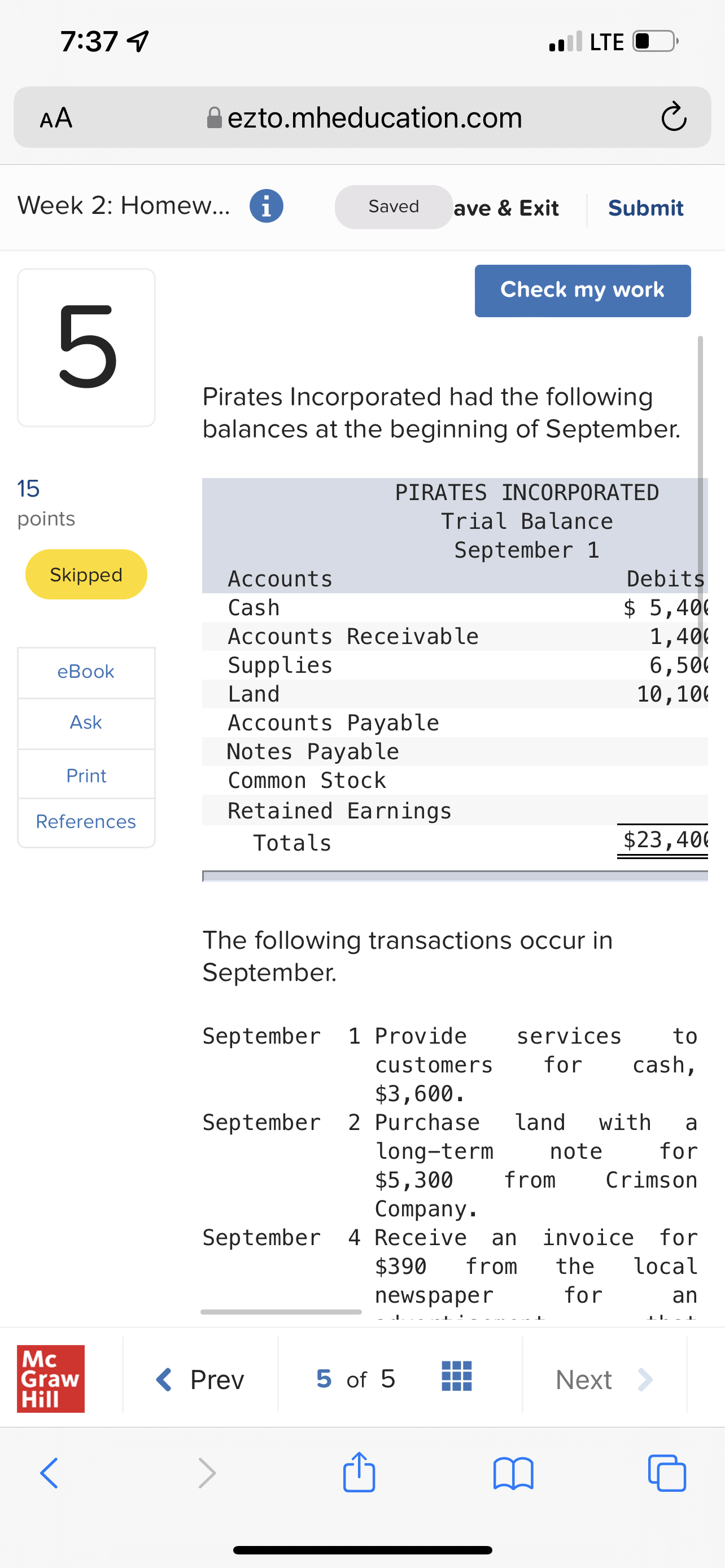 7:38 4 . LTE C AA ezto.mheducation.com C Week 2: