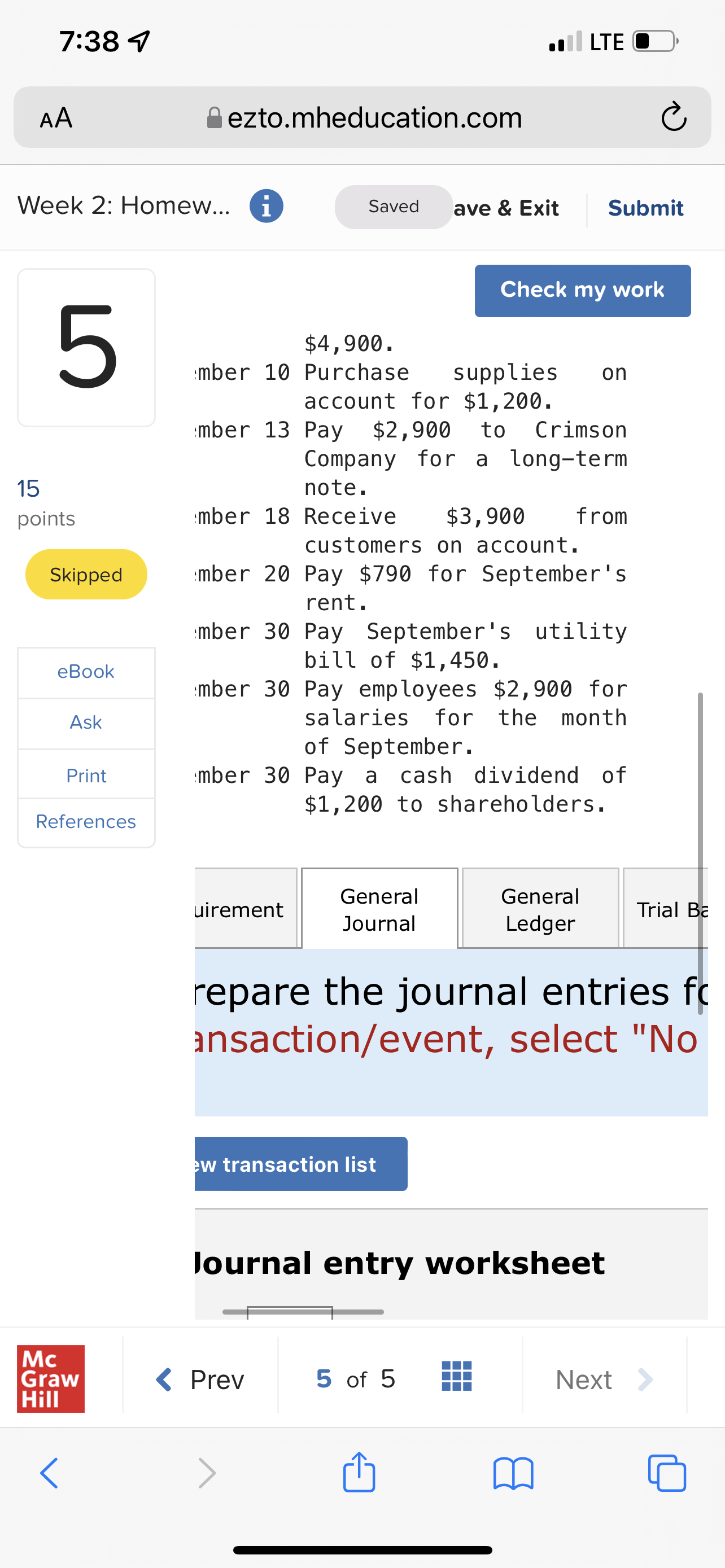 7:38 4 . LTE C AA ezto.mheducation.com C Week 2: