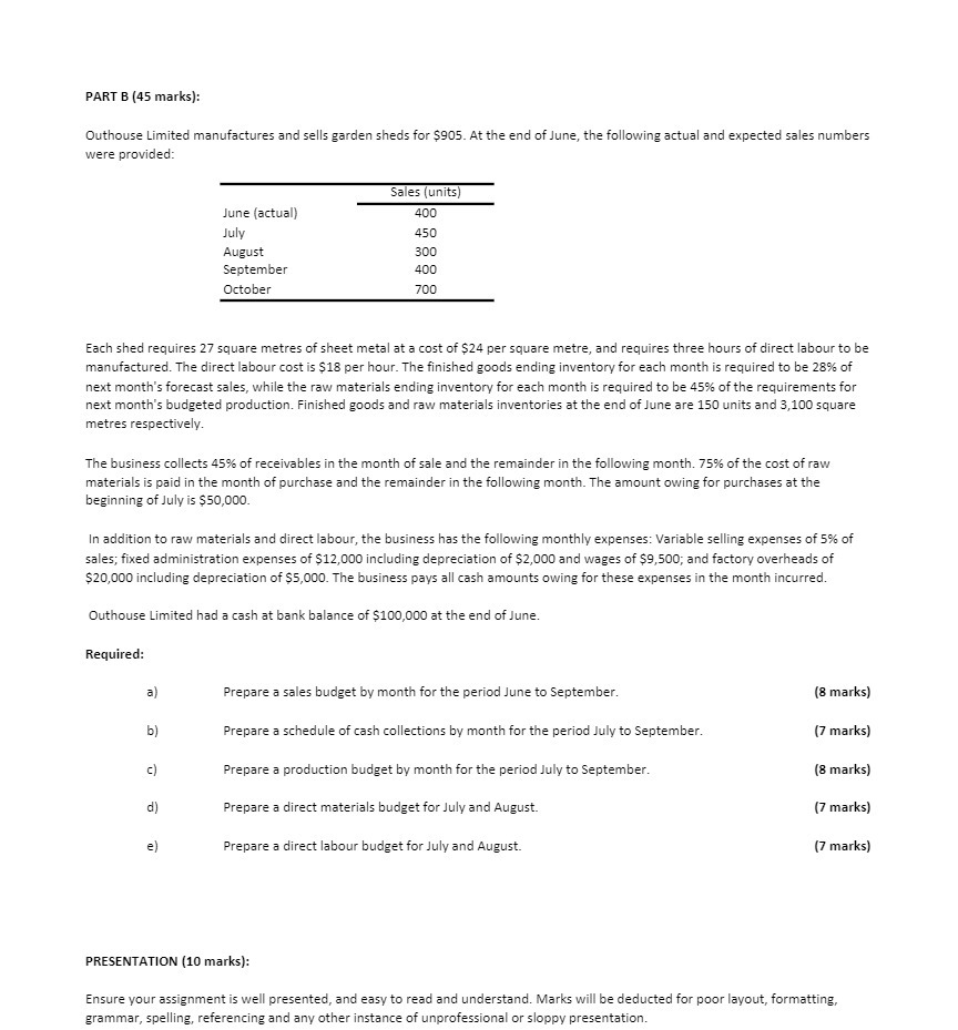 PART B (45 marks): Outhouse Limited manufactures