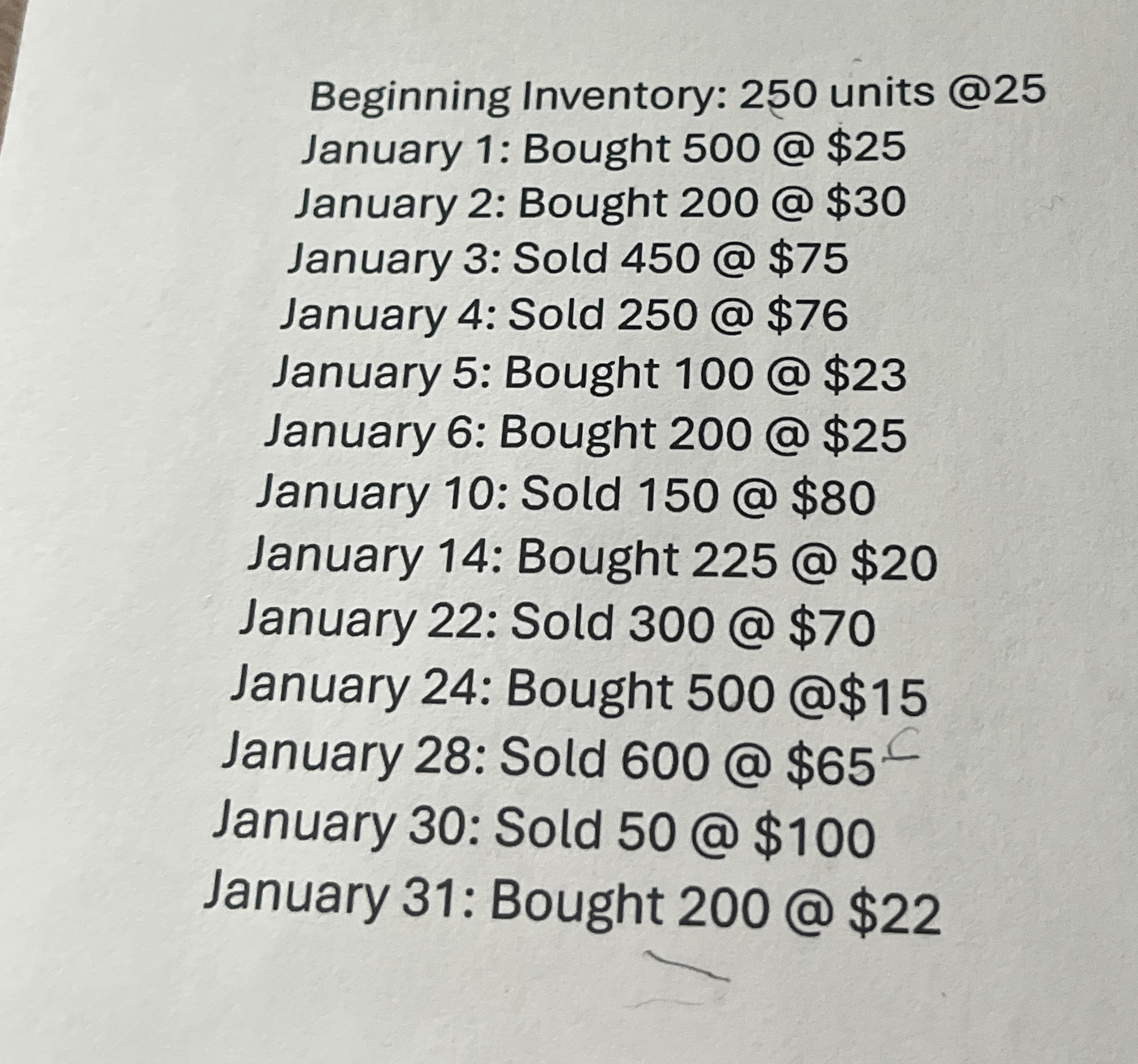 Beginning Inventory: 2 5 0 units @ 2 5 January 1