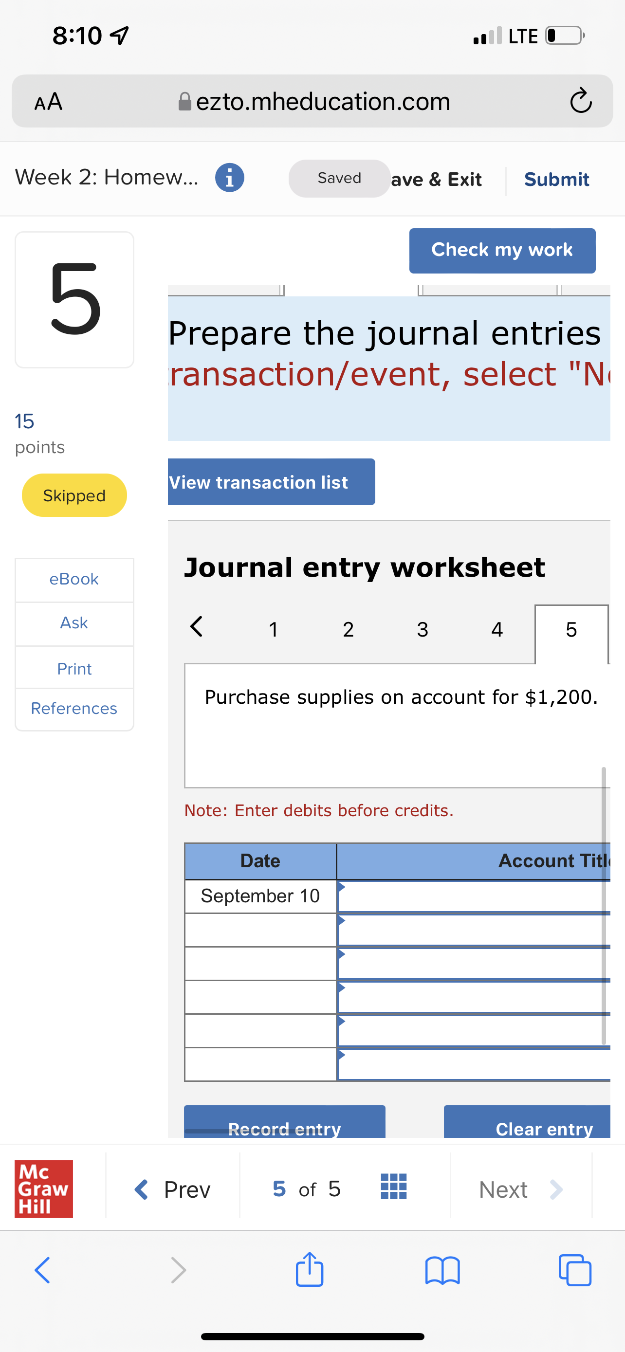 8:10 4 . LTE O AA ezto.mheducation.com C Week 2: