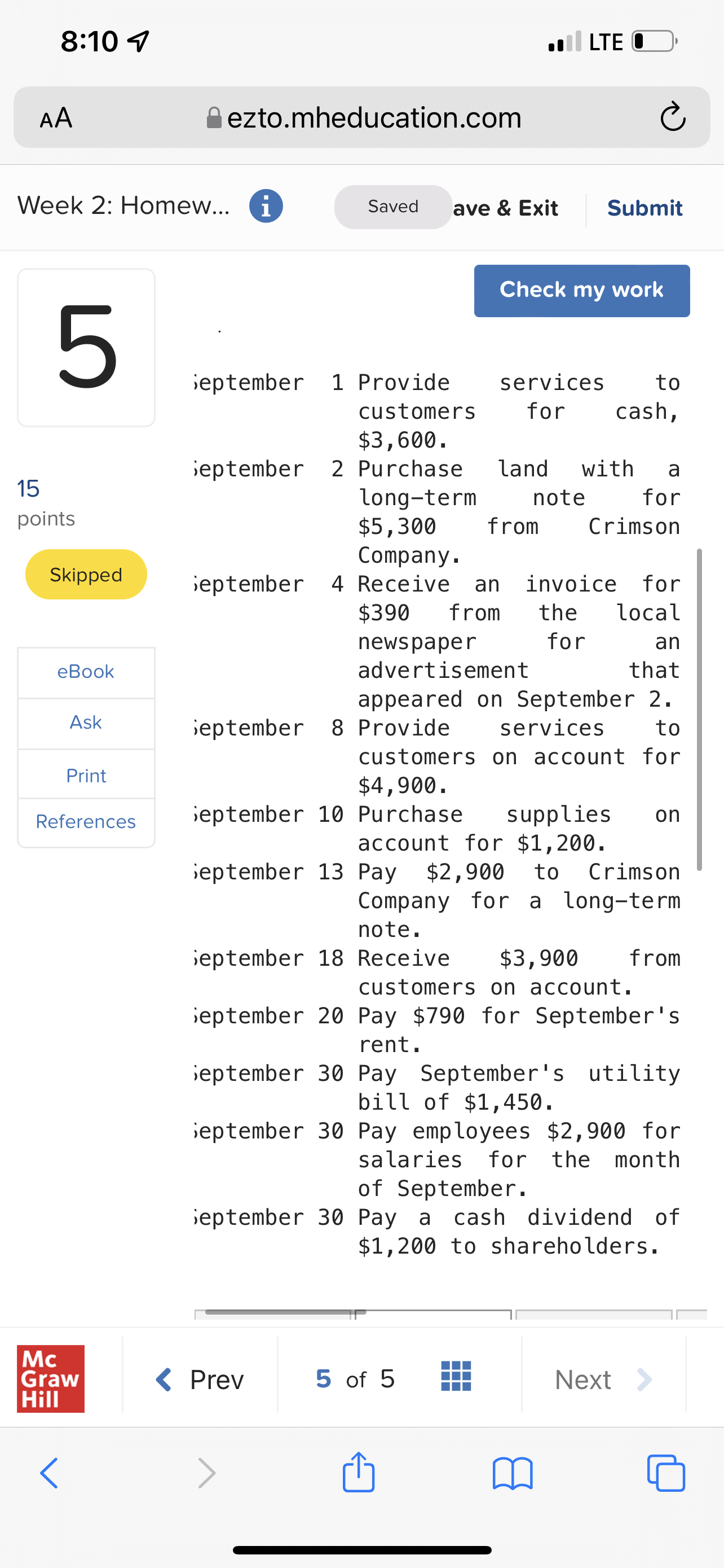 8:10 4 . LTE O AA ezto.mheducation.com C Week 2: