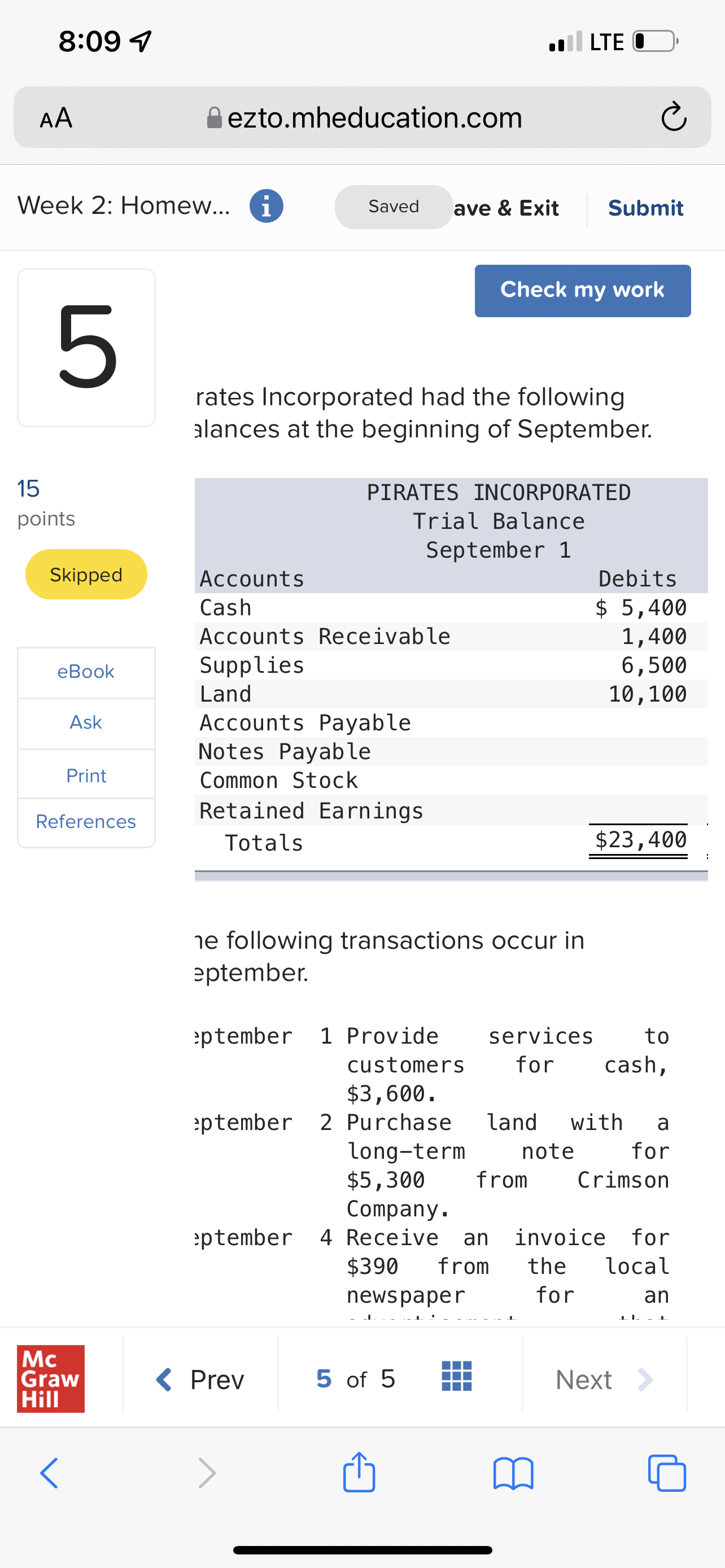8:10 4 . LTE O AA ezto.mheducation.com C Week 2: