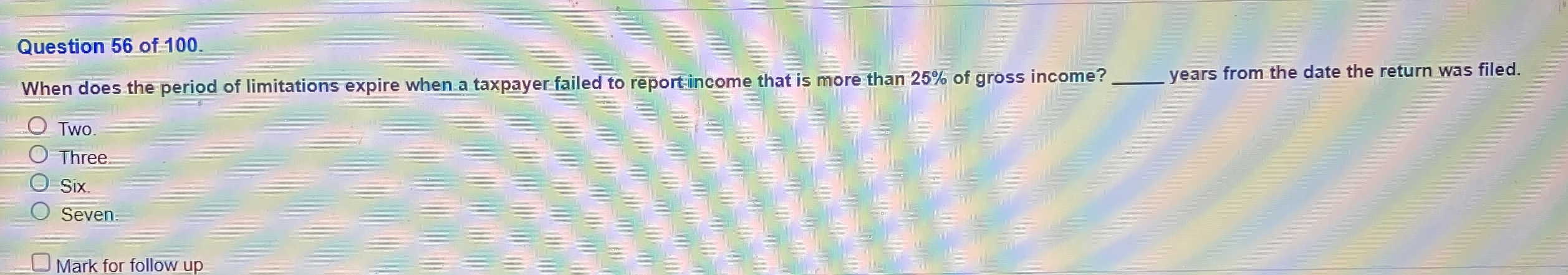 Question 5 6 of 1 0 0 . When does the period of