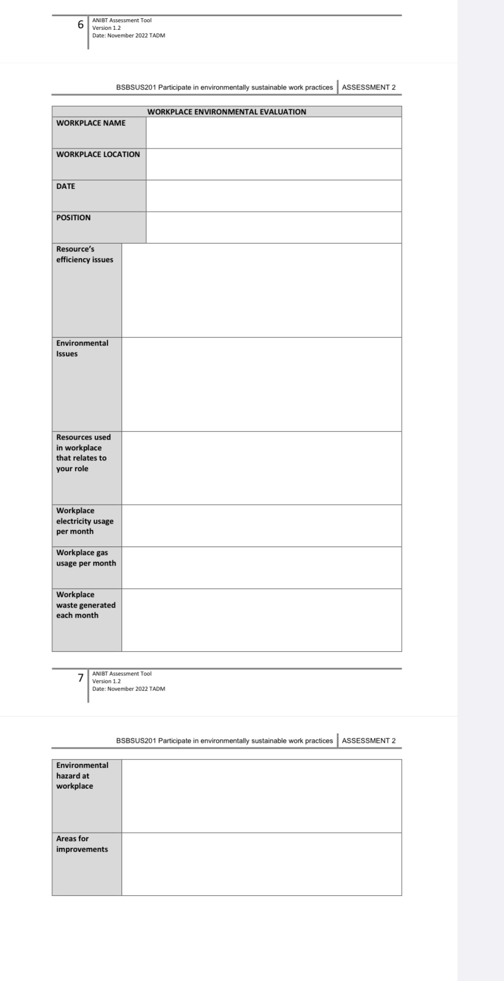 6 ANIBT Assessment Tool Version 1.2 Date: