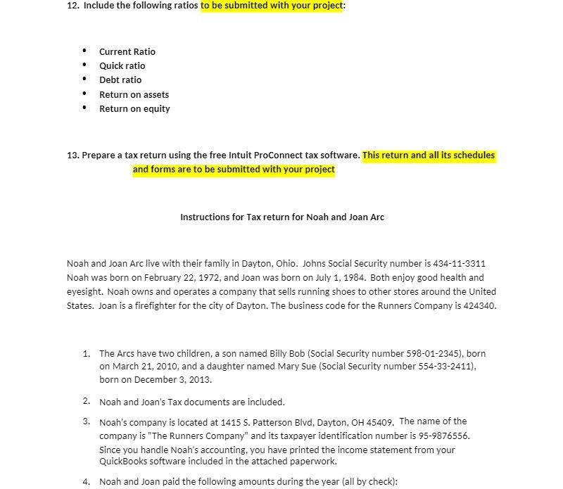 12. Include the following ratios to be submitted