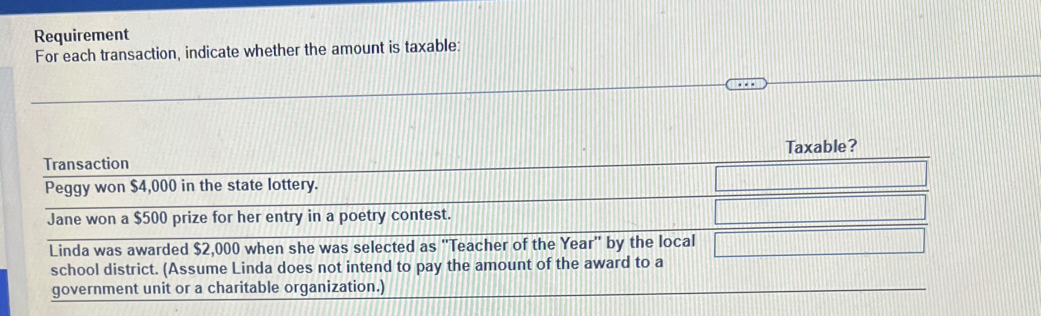 Requirement For each transaction, indicate
