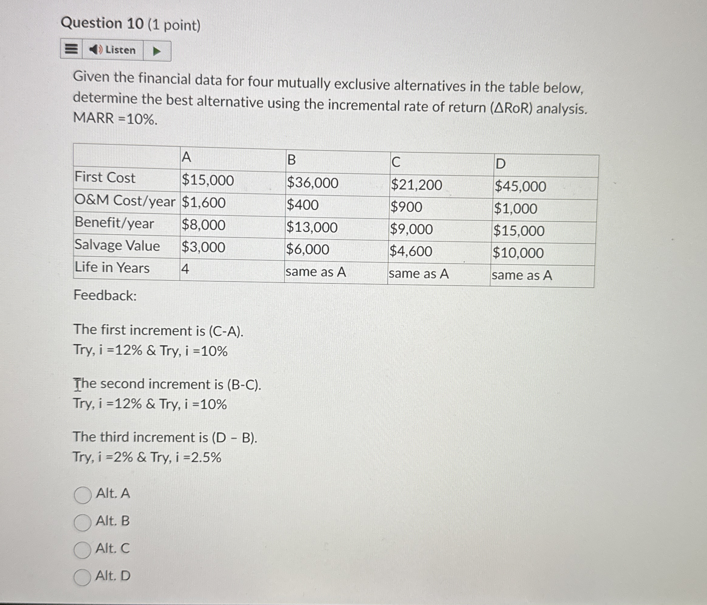 Question 1 0 ( 1 point ) Given the financial data