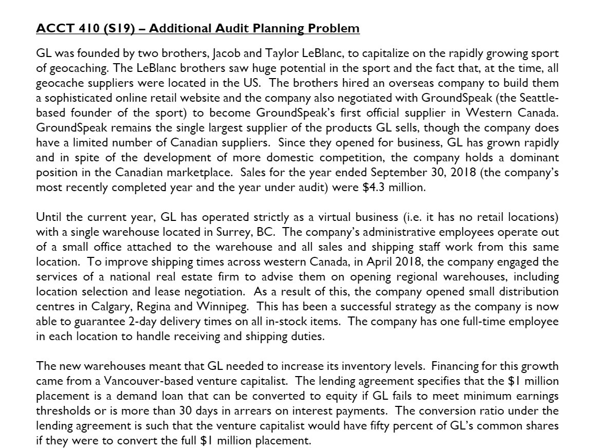ACCT 4 I 0 [S I 9) Additional Audit Planning