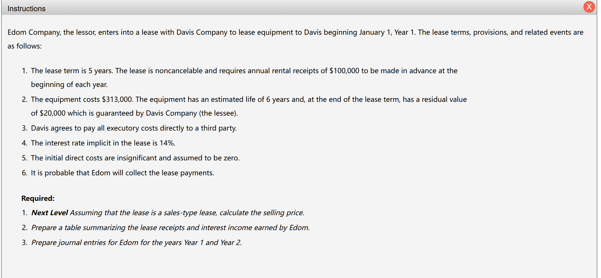 Instructions Edom Company, the lessor, enters