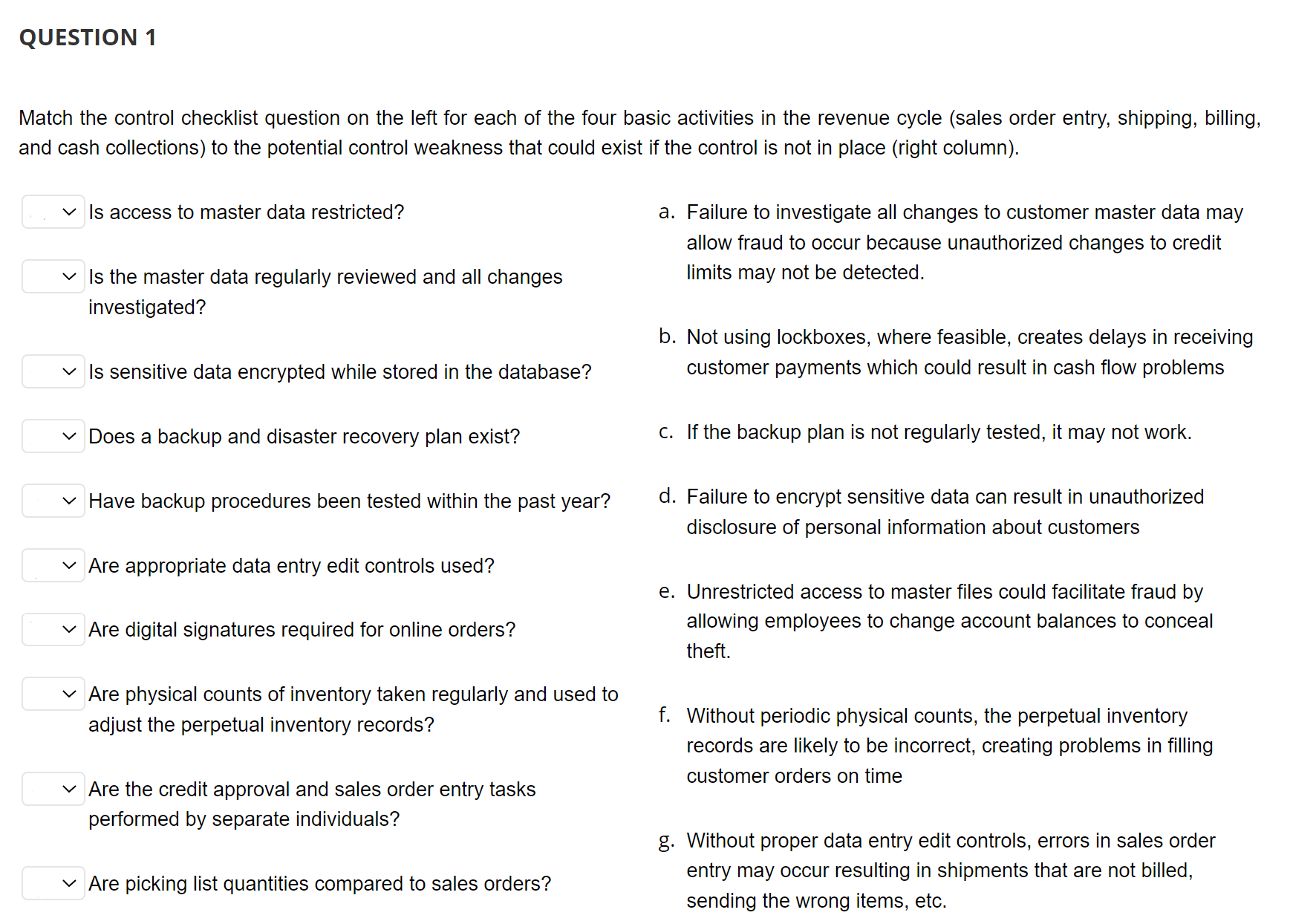 QUESTION 1 Match the control checklist question