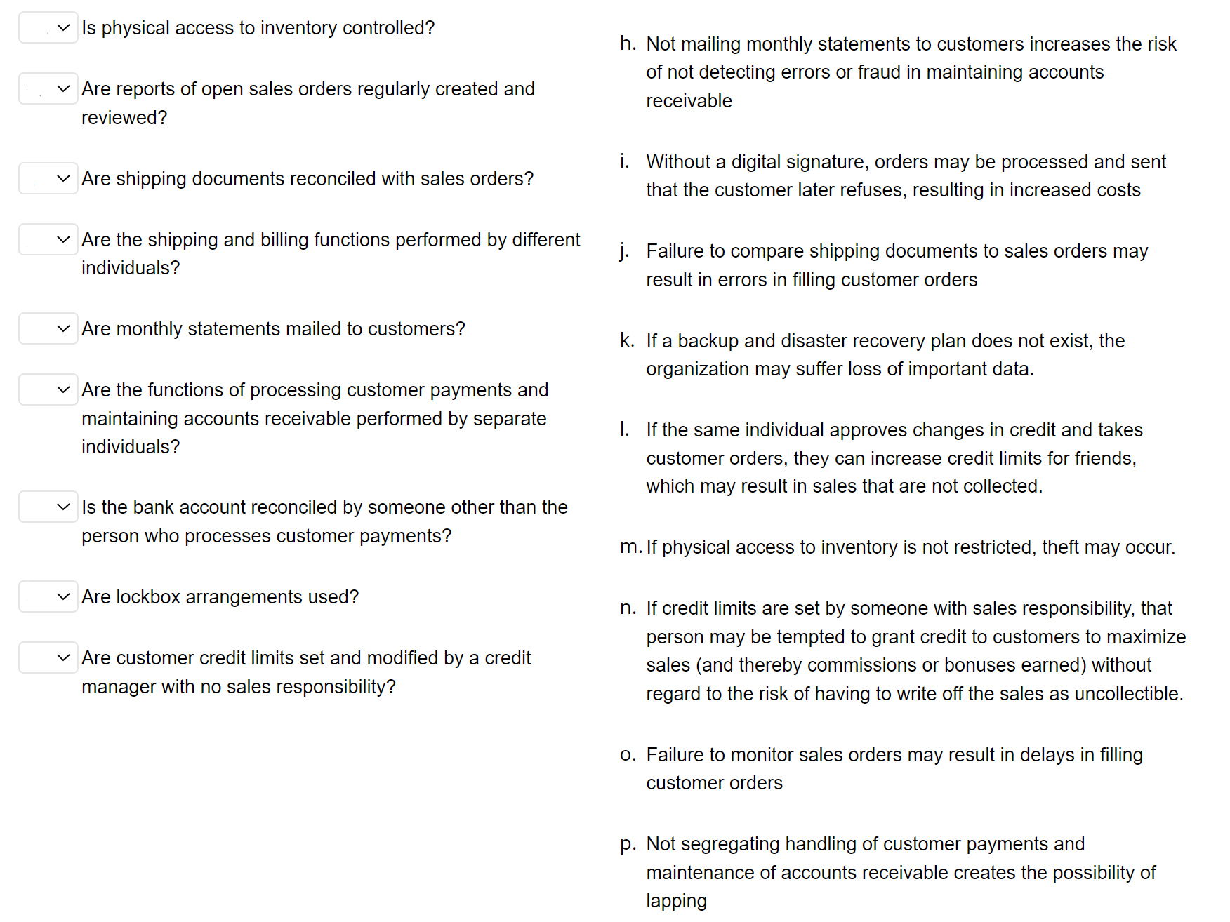 QUESTION 1 Match the control checklist question