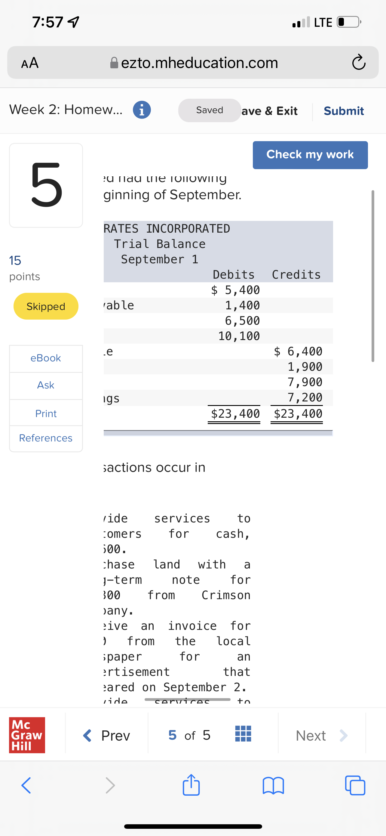 7:57 9 . LTE O AA ezto.mheducation.com C Week 2: