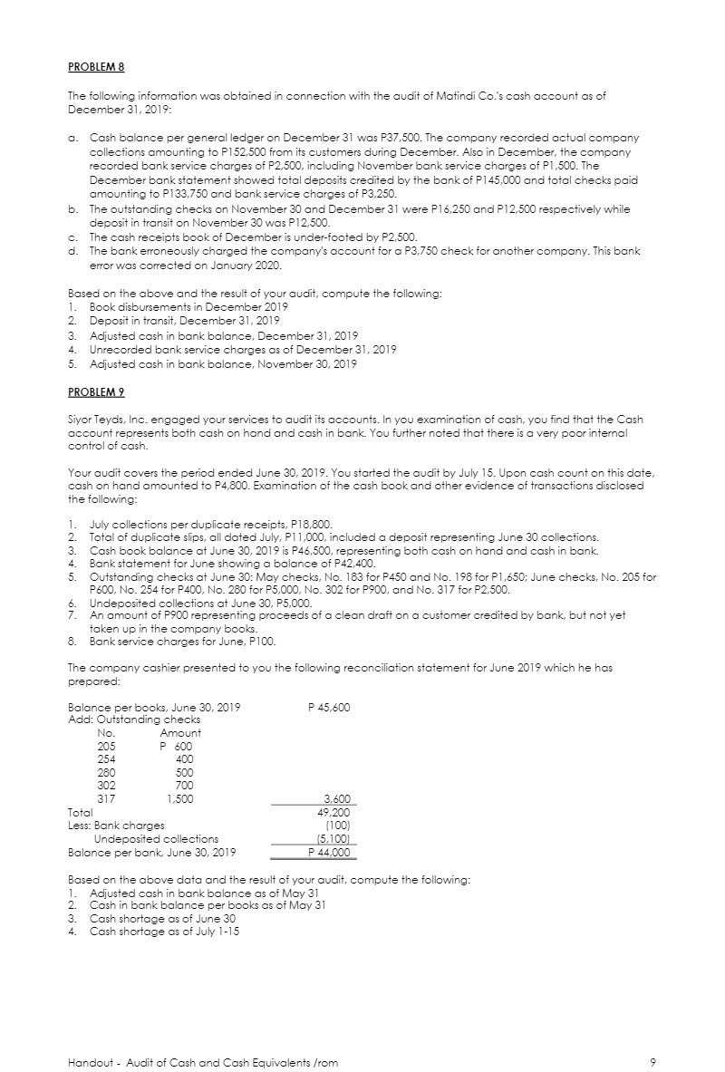 PROBLEM & The following information was obtained