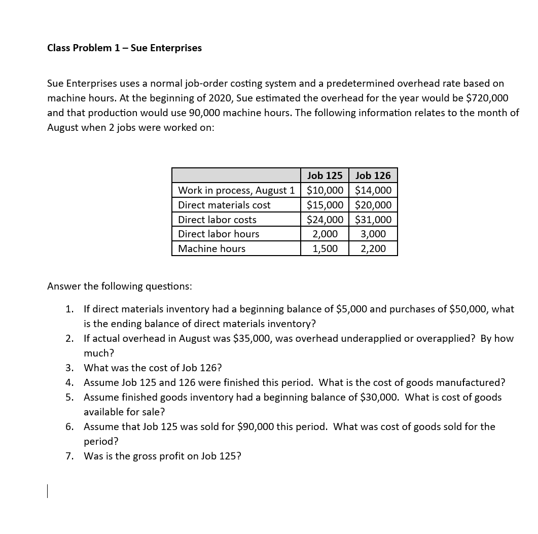 Class Problem 1 - Sue Enterprises Sue Enterprises