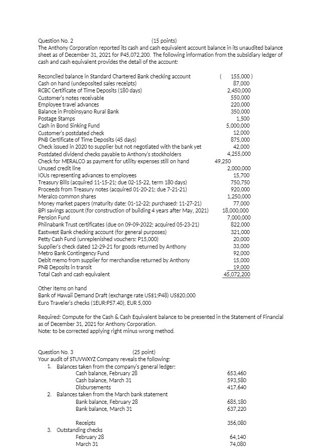 Question No. 2 (15 points) The Anthony