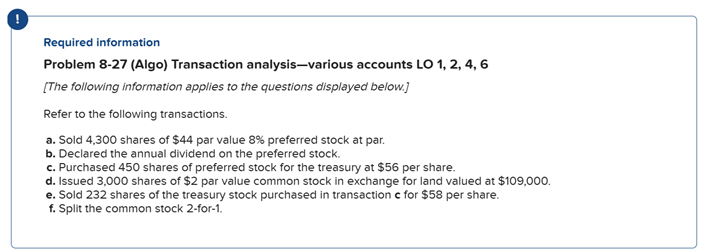 Required information Problem 8-27 (Algo)