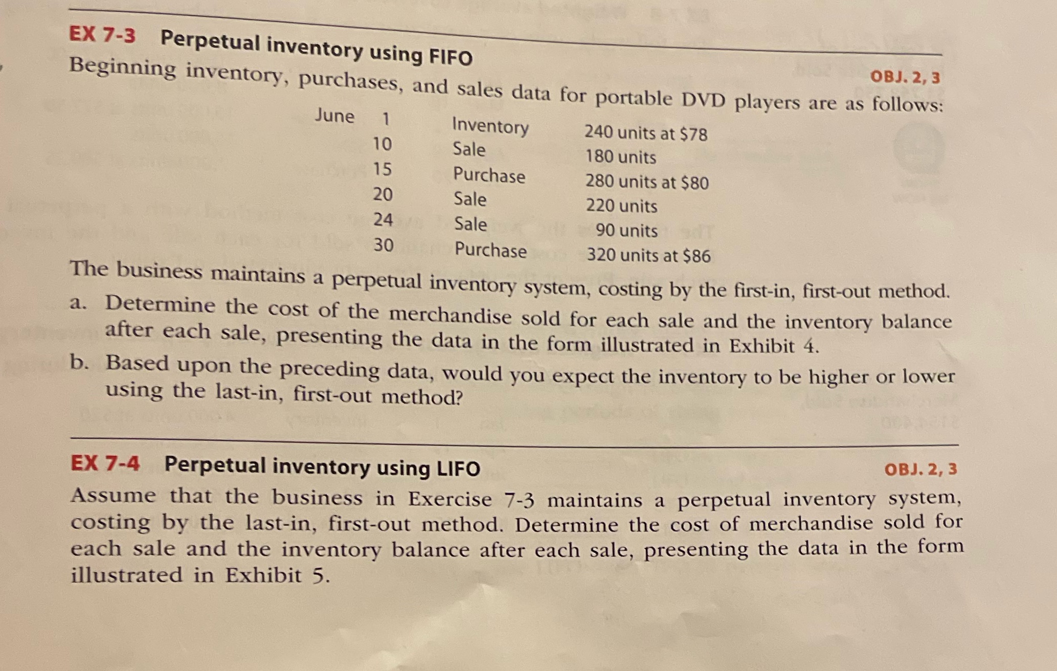EX 7-3 Perpetual inventory using FIFO OBJ. 2, 3