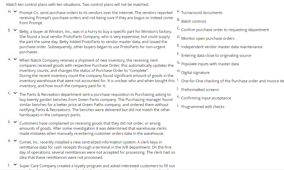 Match ten control plans with ten situations. Two