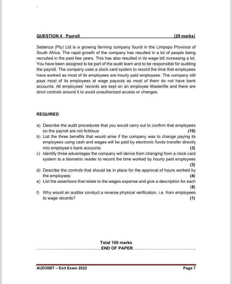 QUESTION 4 Payroll ( 2 9 marks ) Sebenza ( Pty )
