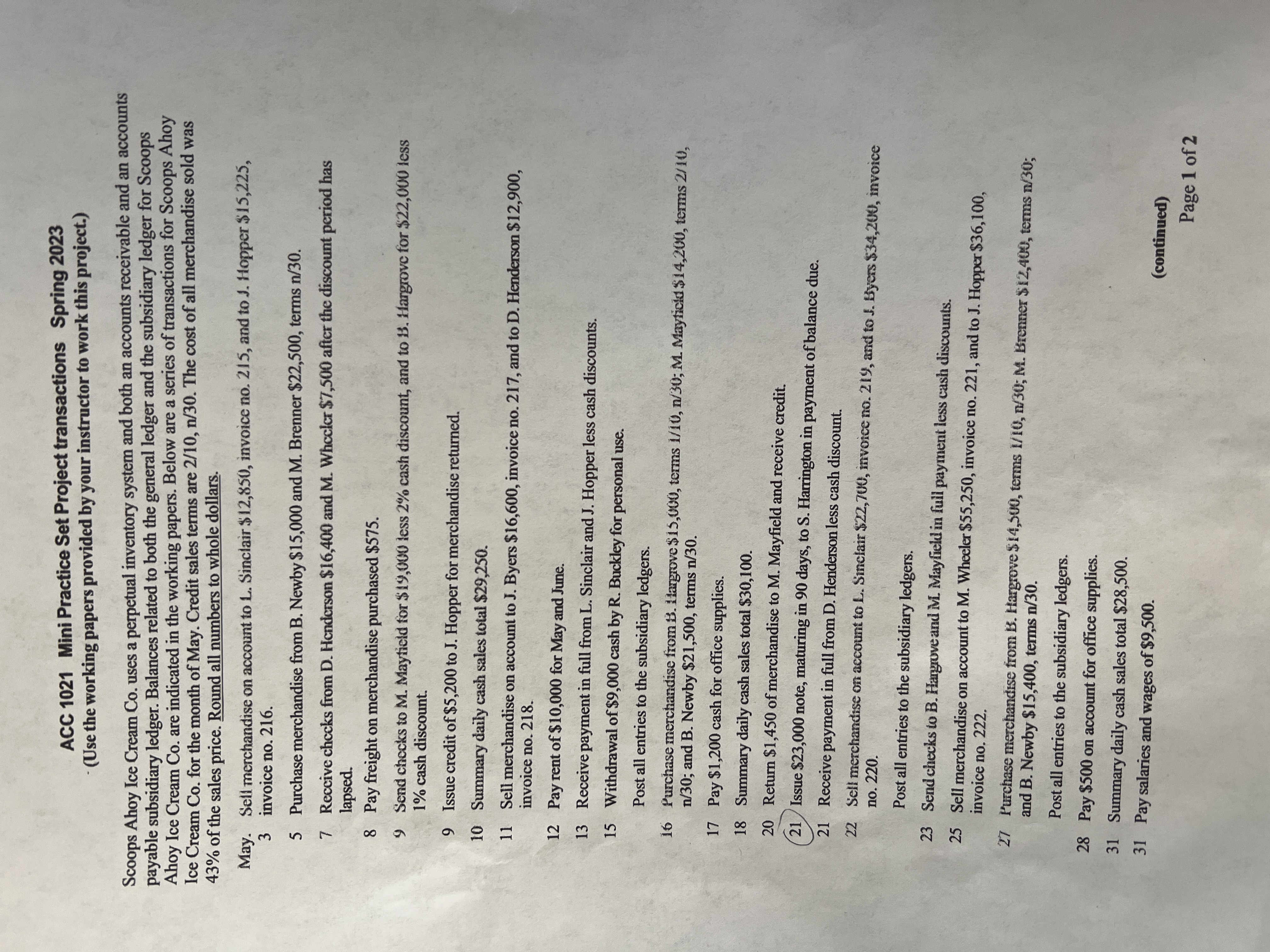 ACC 1021 Mini Practice Set Project transactions