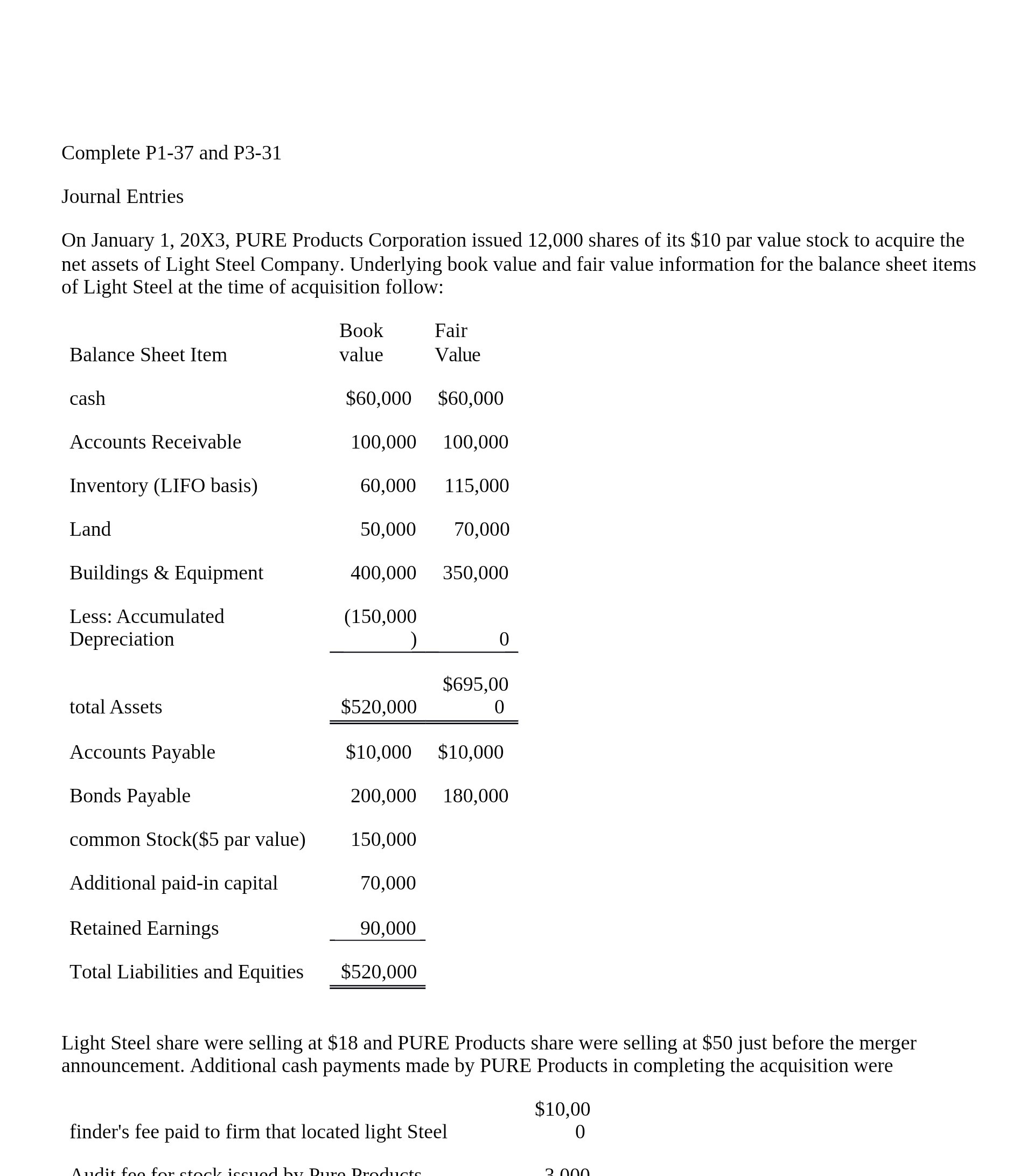 Complete P1-37 and P3-31 Journal Entries On