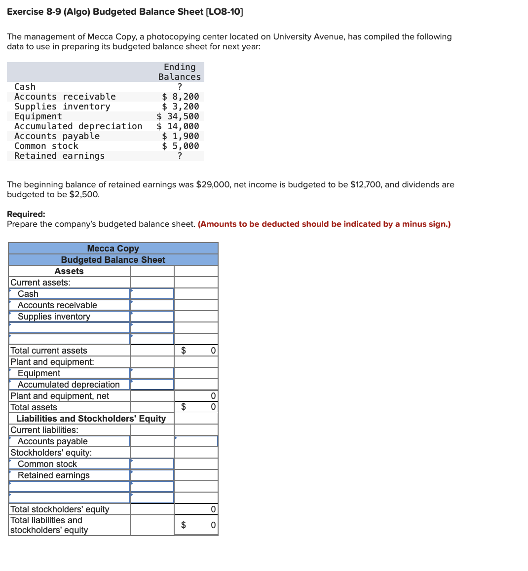Exercise 8 - 9 ( Algo ) Budgeted Balance Sheet [