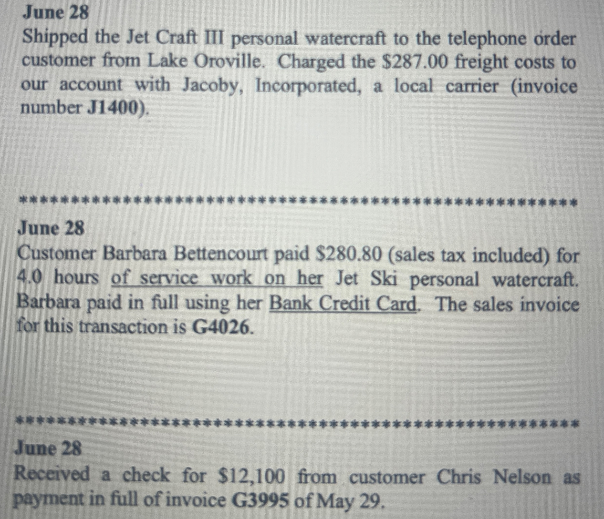 Make a general journal for each: June 2 8 Shipped